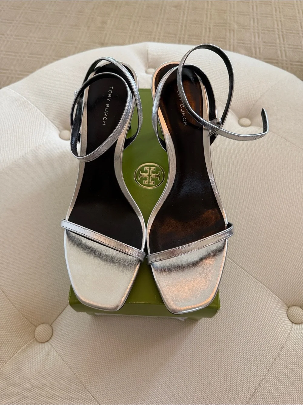Tory Burch Metallic Silver Ankle-Strap Heels.  New in box no defects size 9.